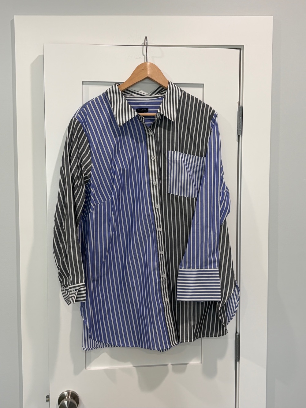 Striped Patchwork Button-Up Shirt - Blue & Black